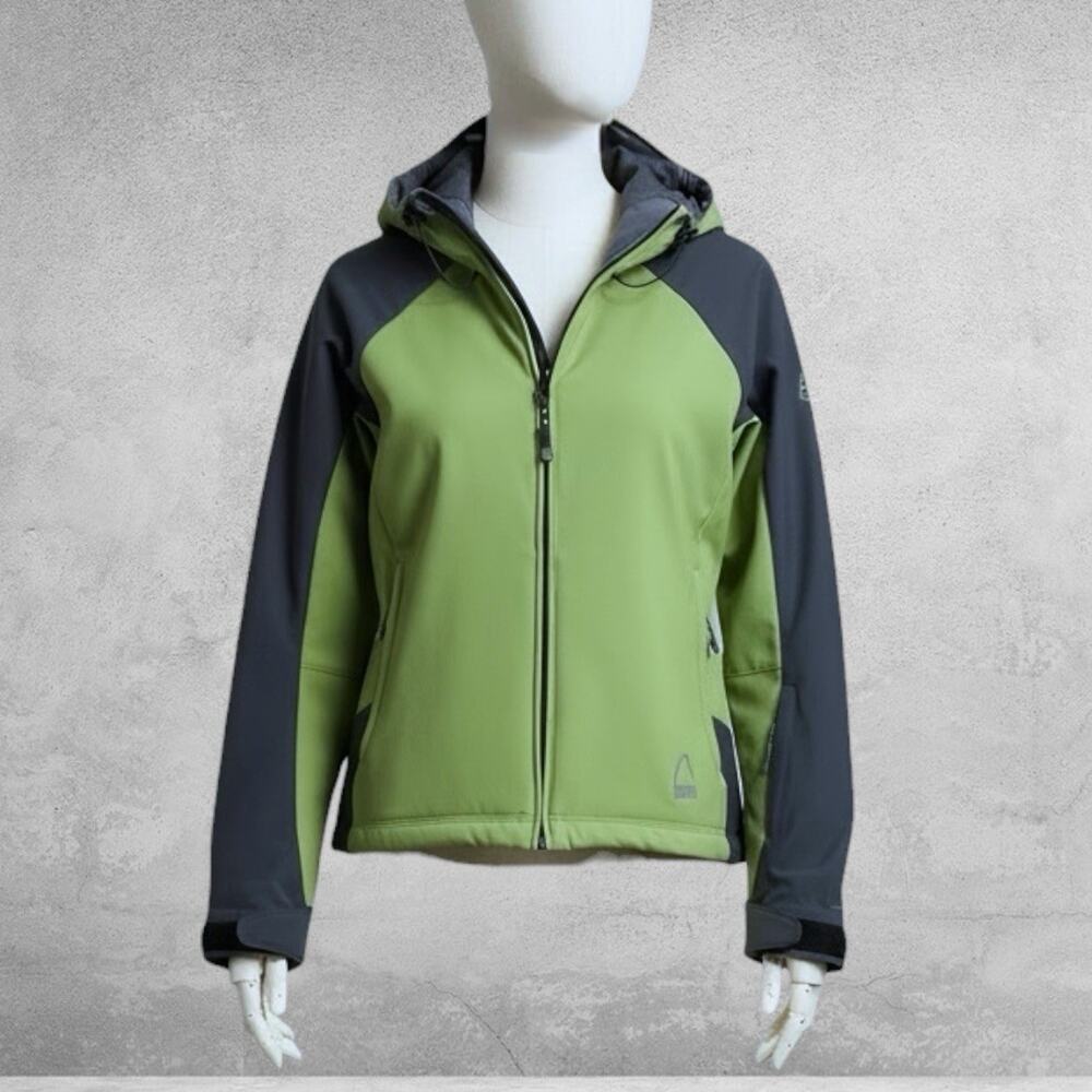 Sierra Designs Softshell Jacket Green Black Hood Full Zip Outdoor Hiking Coat -M